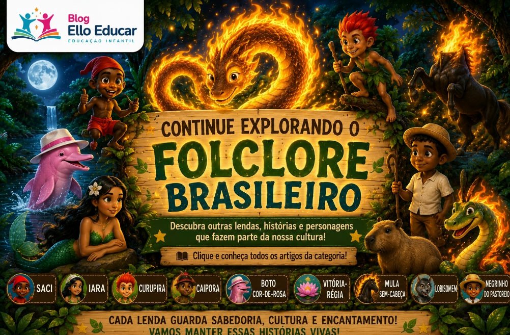 Boitatá ao centro cercado por personagens do folclore brasileiro convidando o leitor a explorar outras lendas.