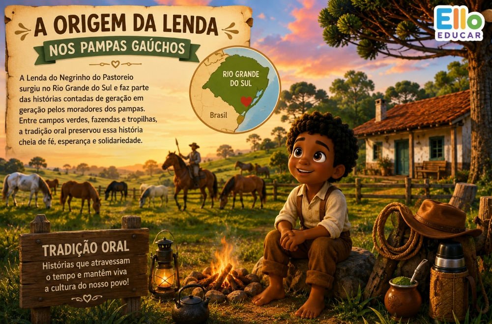Origem da Lenda do Negrinho do Pastoreio nos pampas gaúchos.