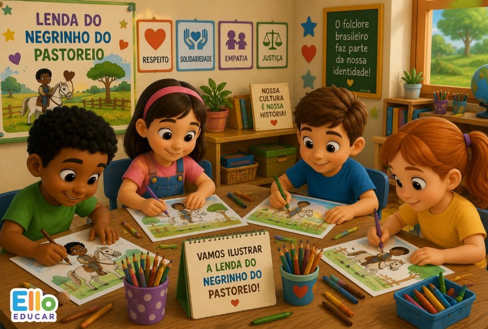 Crianças produzindo desenhos inspirados na Lenda do Negrinho do Pastoreio durante atividade de artes na escola.