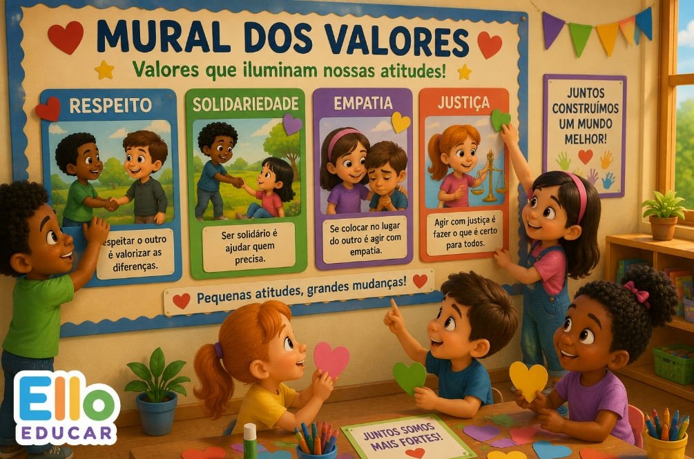 Mural escolar com os valores respeito, solidariedade, empatia e justiça inspirados na Lenda do Negrinho do Pastoreio.