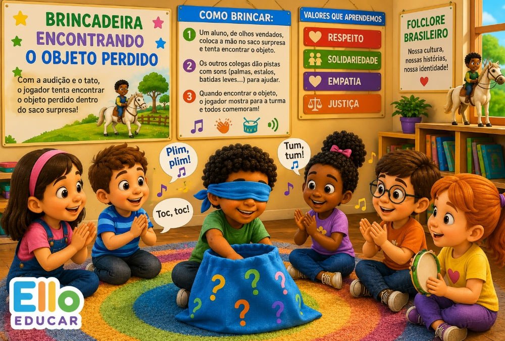 Crianças participando da brincadeira "Encontrando o objeto perdido", inspirada na Lenda do Negrinho do Pastoreio, desenvolvendo cooperação e atenção.