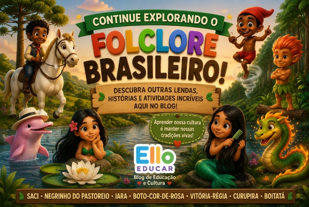 Banner com personagens do folclore brasileiro convidando o leitor a conhecer outras lendas como Saci, Iara, Curupira, Boitatá e Negrinho do Pastoreio.