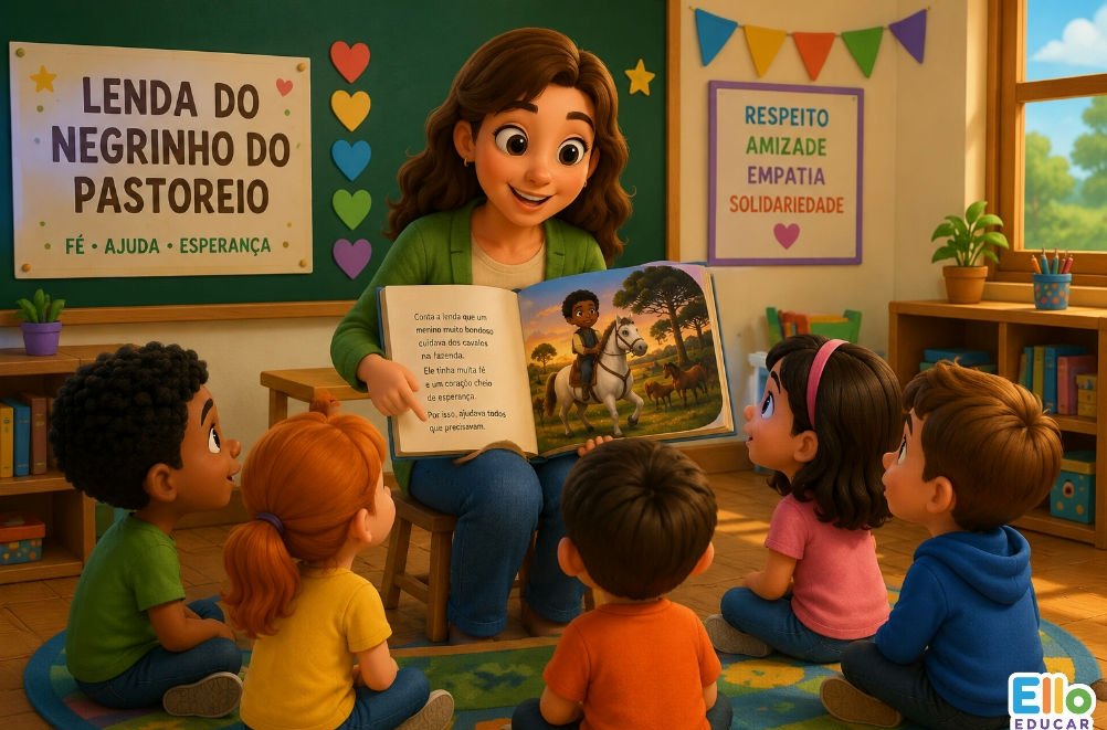 Crianças ouvindo a Lenda do Negrinho do Pastoreio em uma atividade educativa sobre o folclore brasileiro.