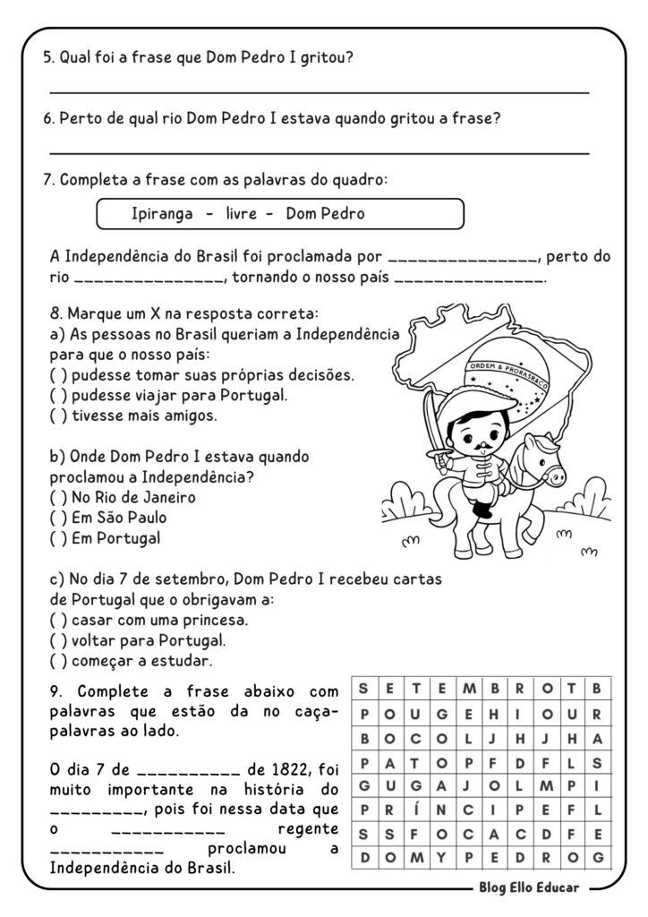 Atividades da Independência do Brasil 3º ano.