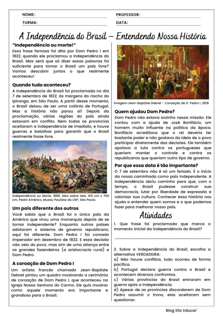Atividades da Independência do Brasil 6º e 7º ano