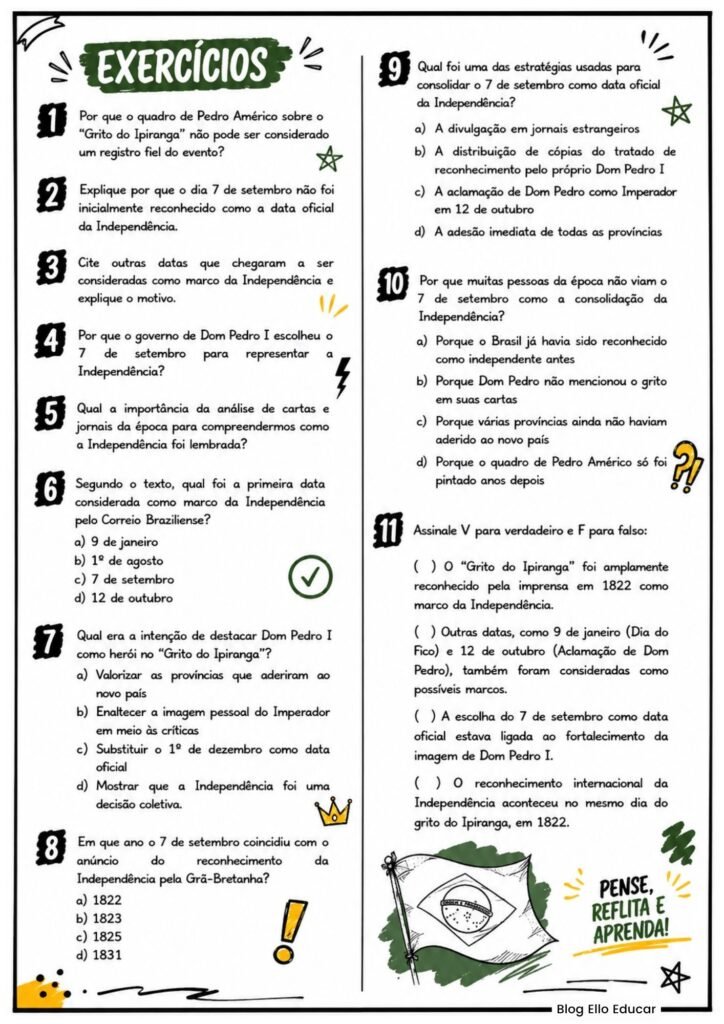 Atividades da Independência do Brasil 8º e 9º ano