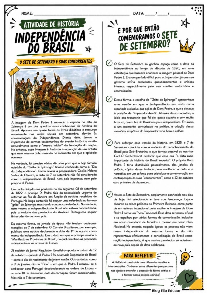 Atividades da Independência do Brasil 8º e 9º ano