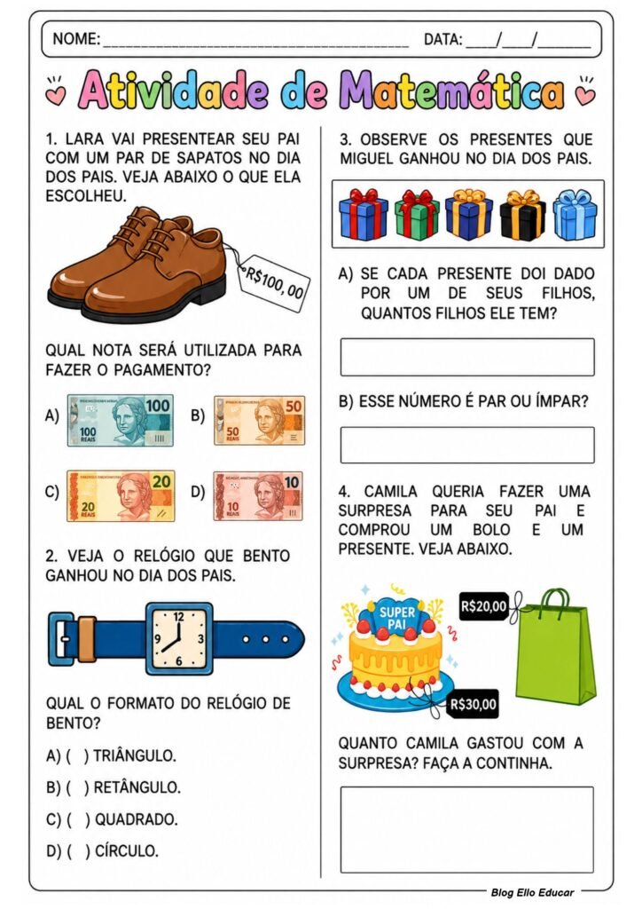 Atividades de Matemática sobre o Dia dos Pais 2° ano