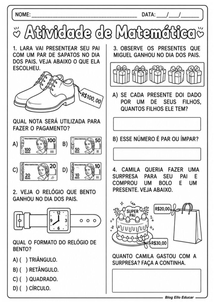 Atividades de Matemática sobre o Dia dos Pais 2° ano