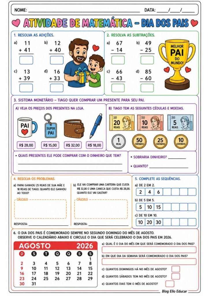 Atividades de Matemática sobre o Dia dos Pais 2° ano