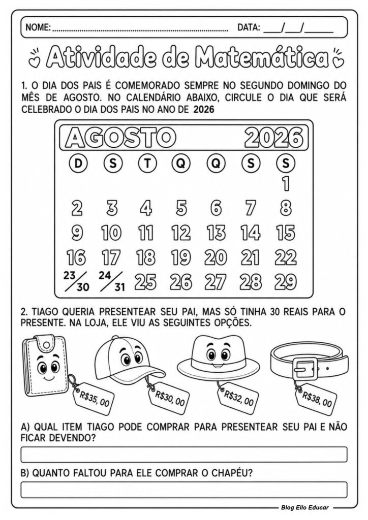 Atividades de matemática sobre o dia dos pais 1° ano