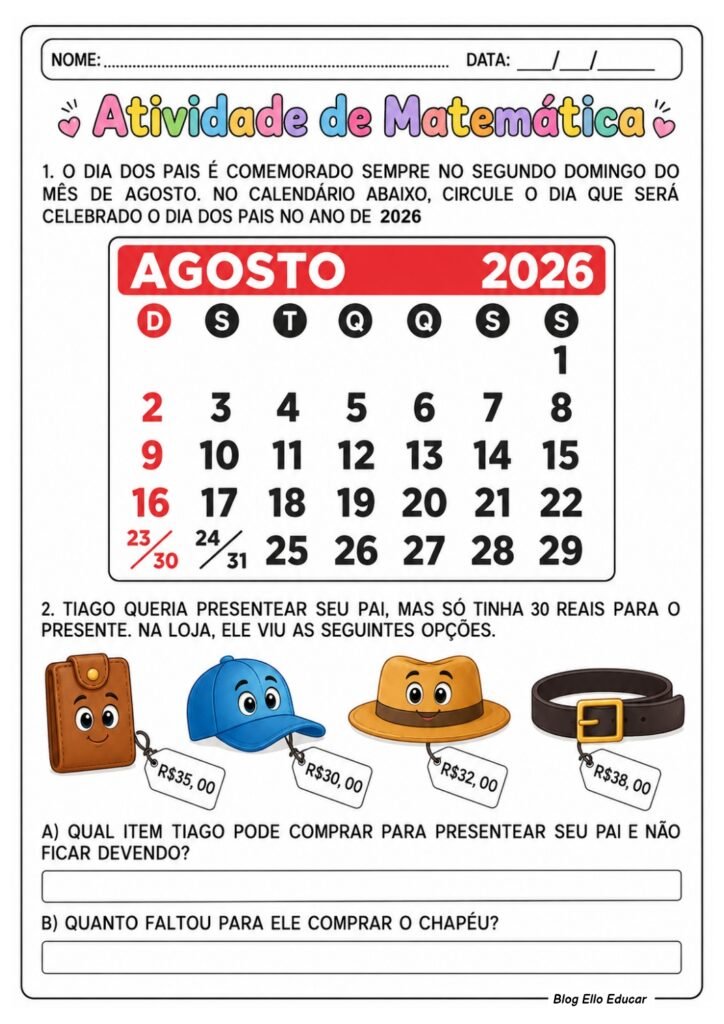 Atividades de matemática sobre o dia dos pais 1° ano