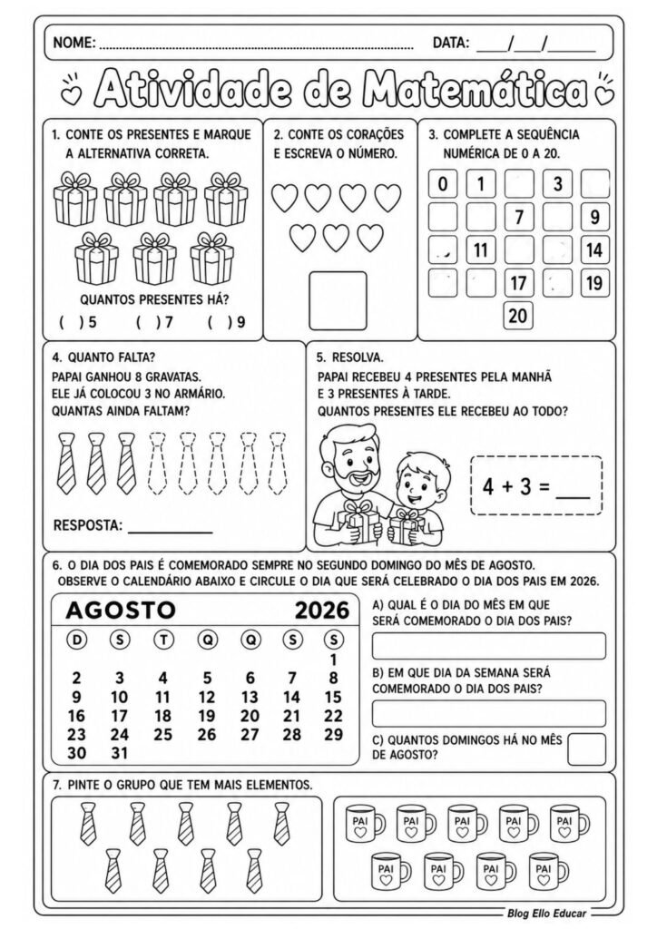 Atividades de matemática sobre o dia dos pais 1° ano