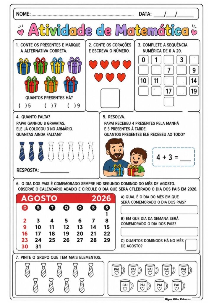 Atividades de matemática sobre o dia dos pais 1° ano