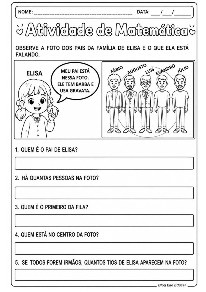 Atividades de matemática sobre o dia dos pais 1° ano