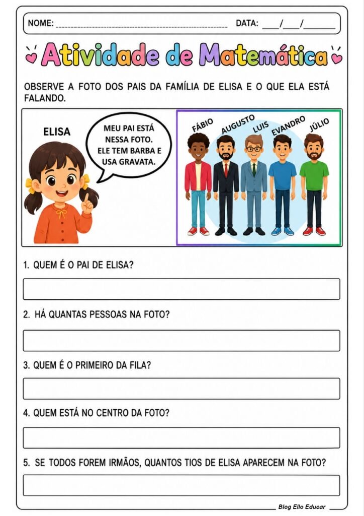Atividades de matemática sobre o dia dos pais 1° ano