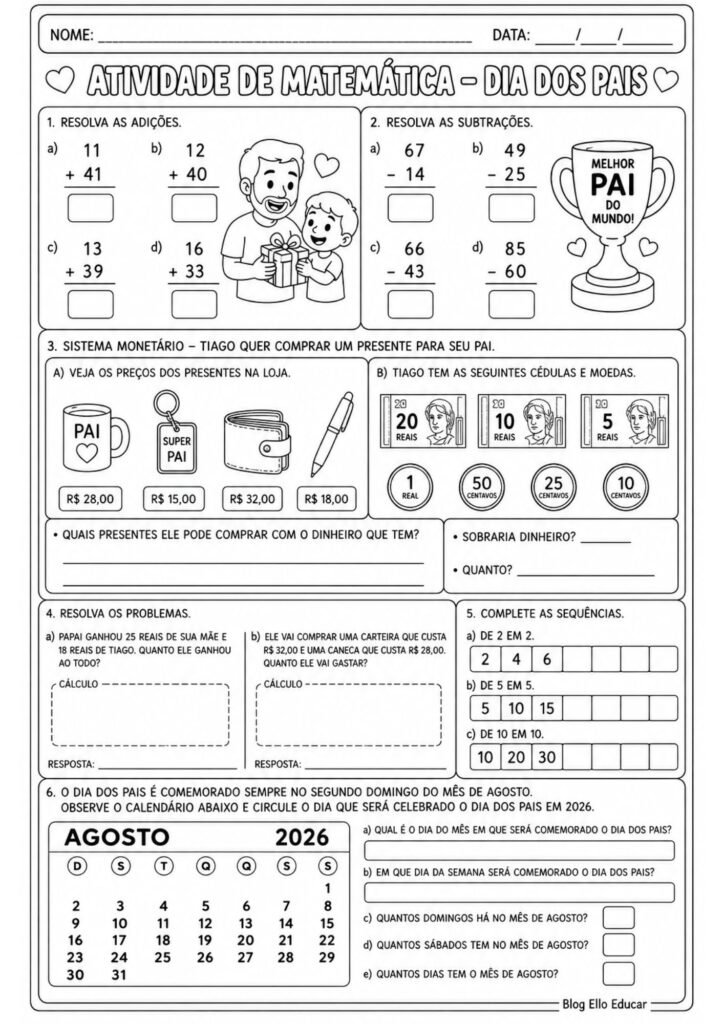 Atividades de matemática sobre o dia dos pais 2° ano