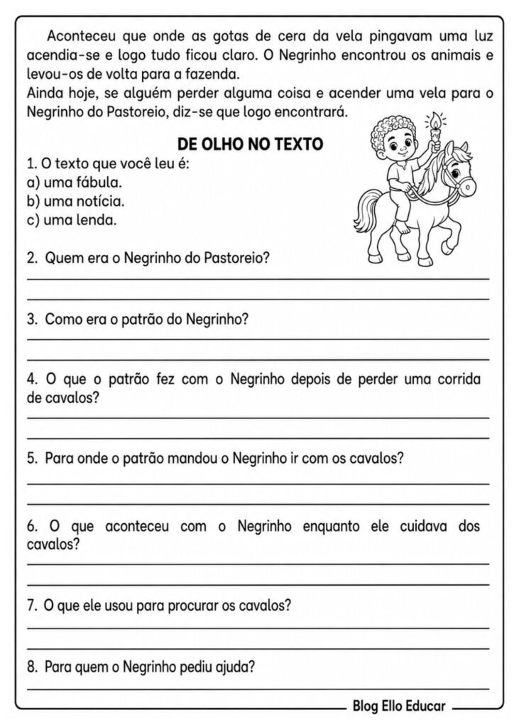 Atividades do Folclore para 3º ano Negrinho do Pastoreio