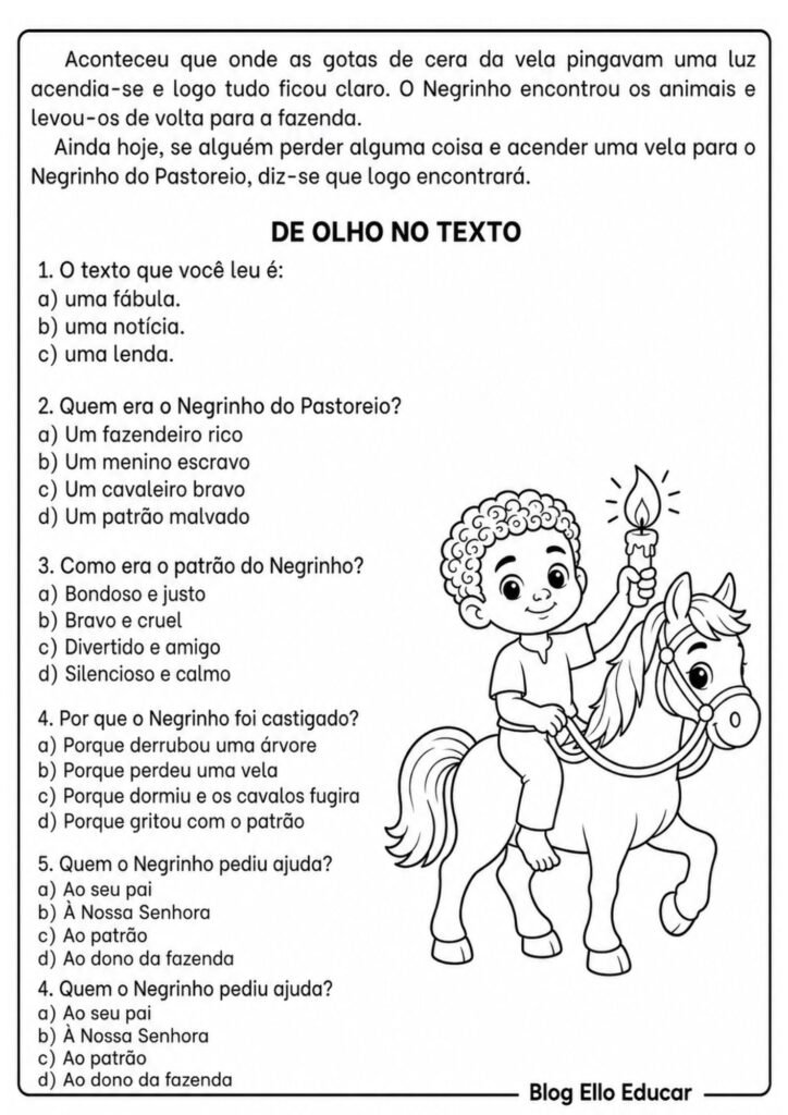 Atividades do Folclore para 4º ano - Negrinho do Pastoreio