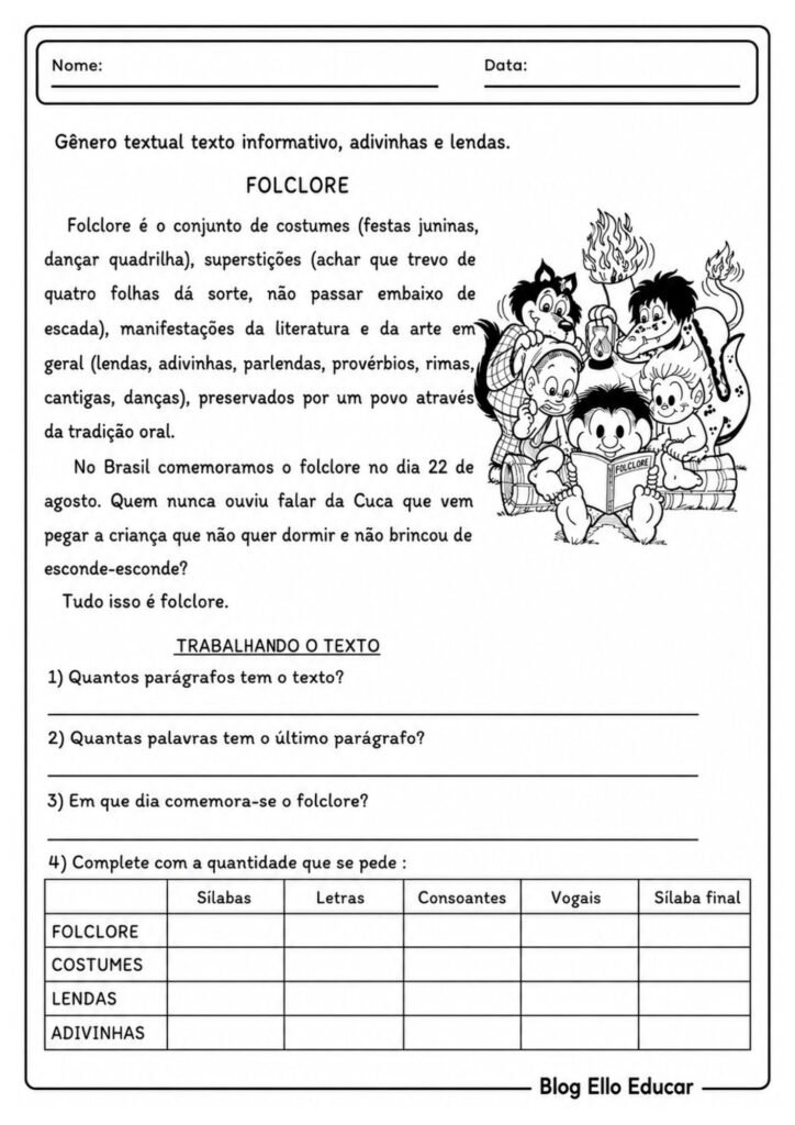 Atividades do Folclore para 4º e 5º ano