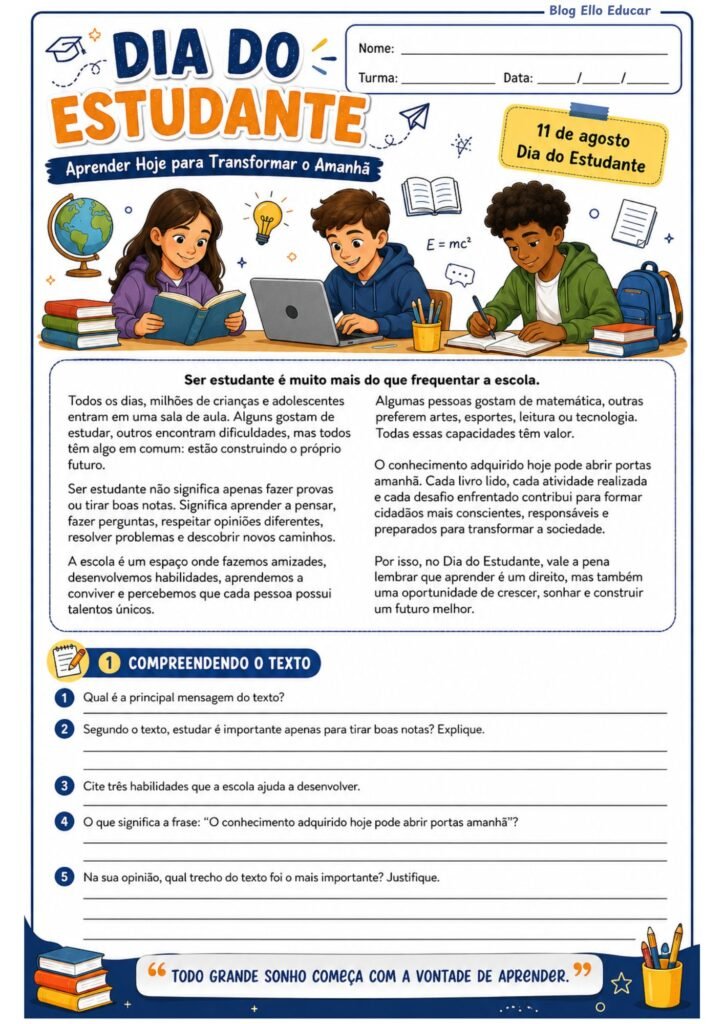 Atividades para o dia do estudante 6° ano