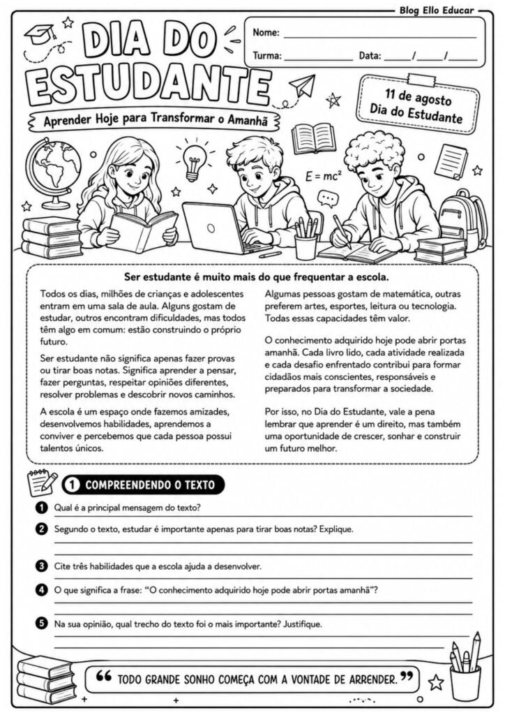 Atividades para o dia do estudante 6° ano