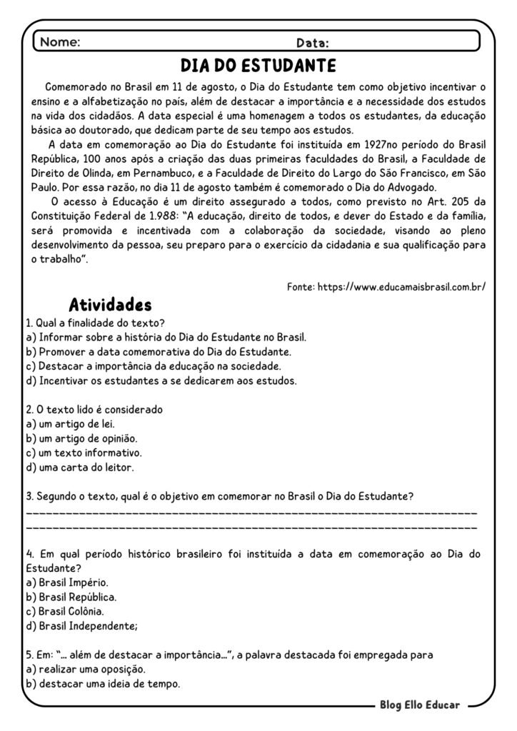 Atividades para o dia do estudante 6° e 7° ano