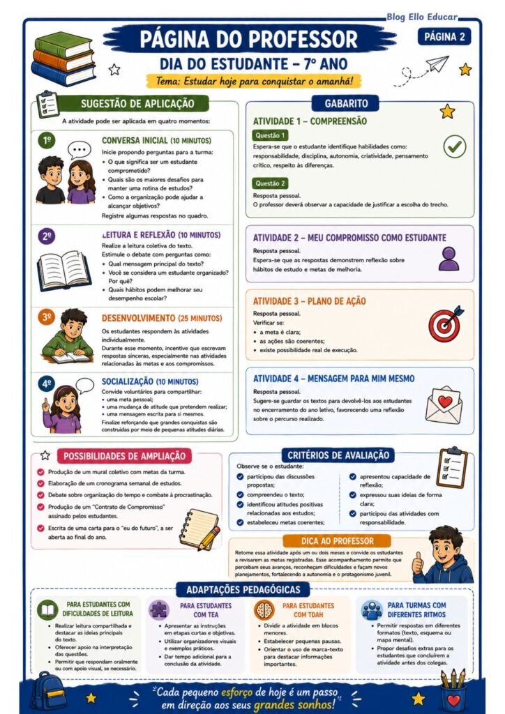 Atividades para o dia do estudante 7° ano