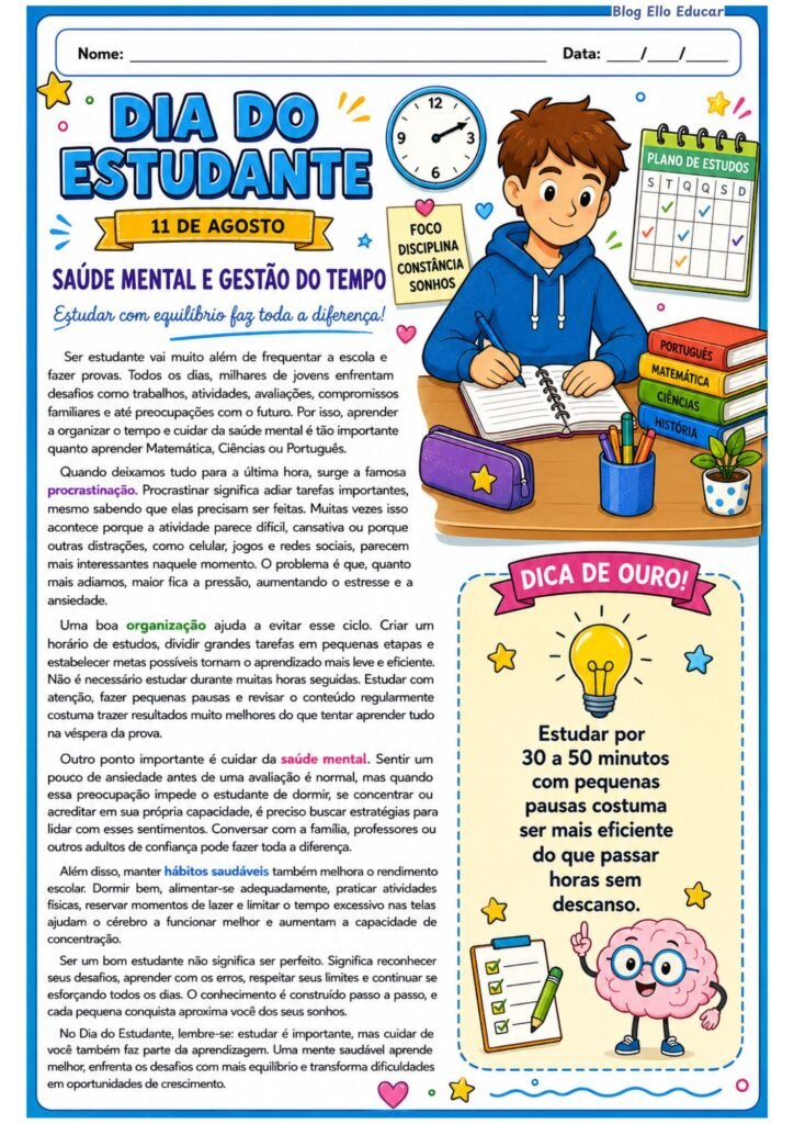 Atividades para o dia do estudante 8° ano