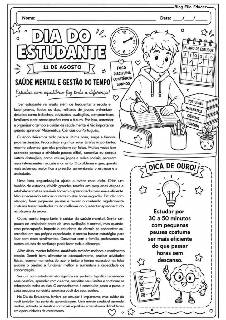 Atividades para o dia do estudante 8° ano
