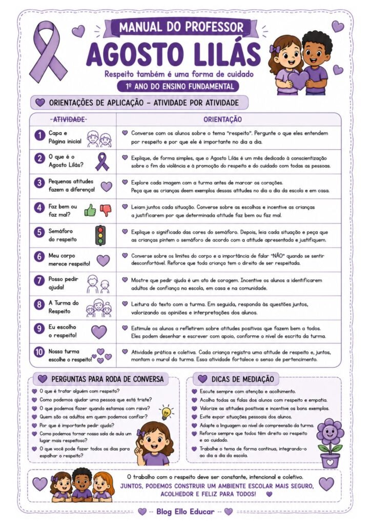 Atividades sobre o Agosto Lilás para 1° ano