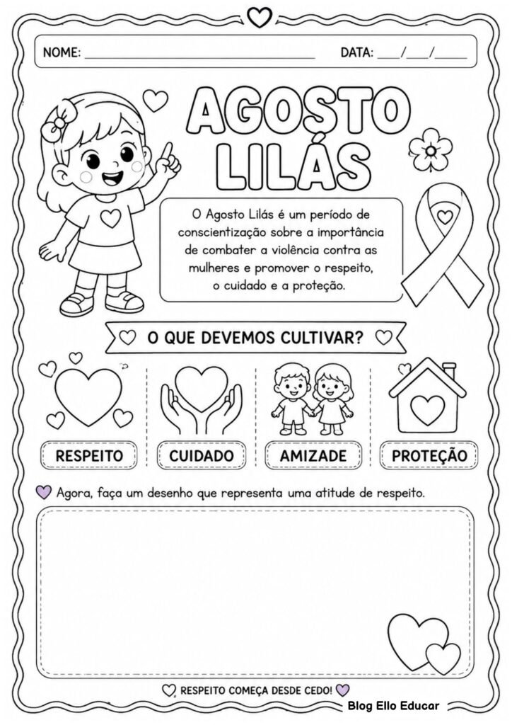 Atividades sobre o Agosto Lilás para 1° ano