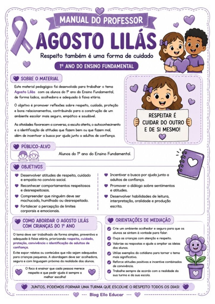 Atividades sobre o Agosto Lilás para 1° ano