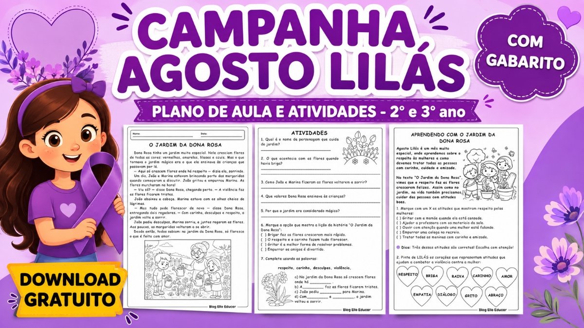 Atividades sobre o Agosto Lilás para 2° e 3° ano: recurso em PDF + Plano de aula