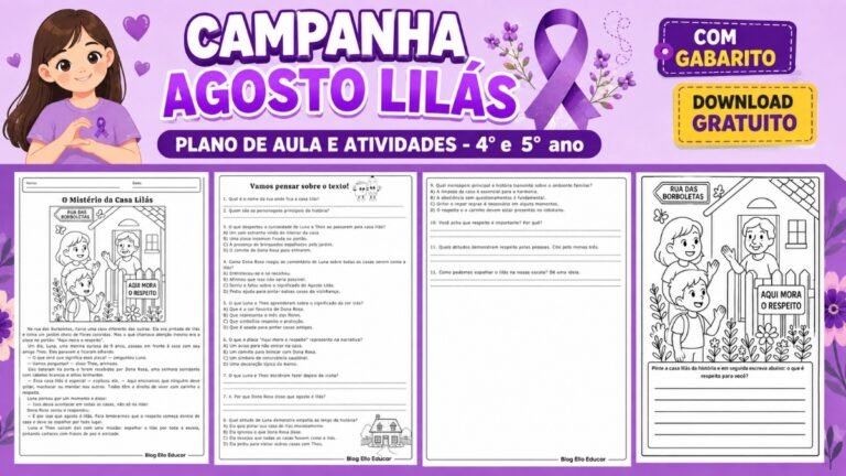 Atividades sobre o Agosto Lilás para 4° e 5° ano.