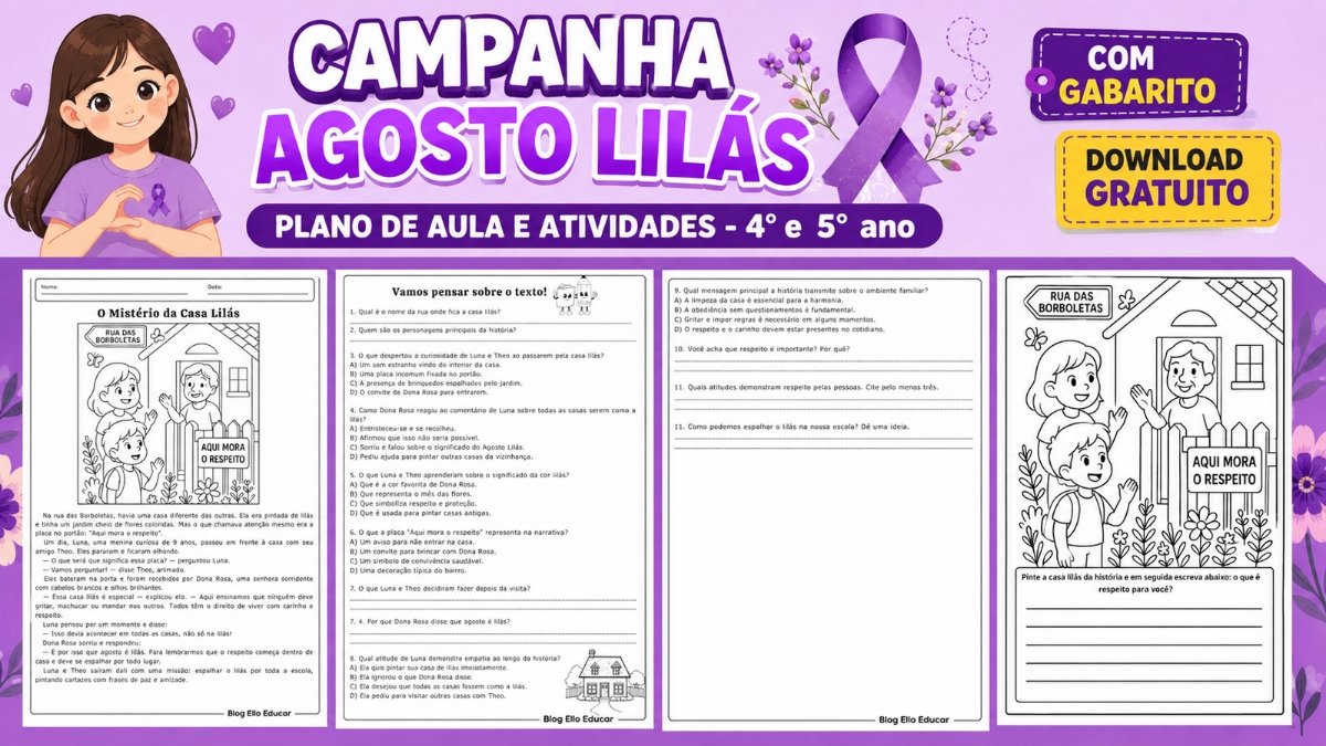Atividades sobre o Agosto Lilás para 4° e 5° ano: Plano de aula e recurso grátis em PDF