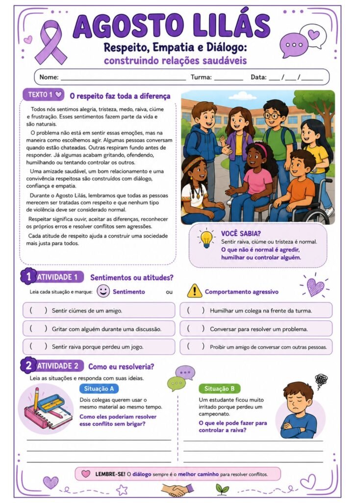 Atividades sobre o Agosto Lilás para 6° ano.