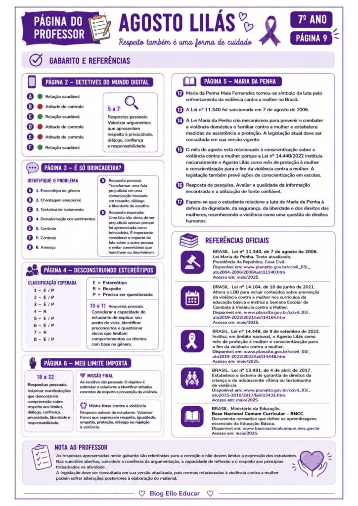 Atividades sobre o Agosto Lilás para 7° ano