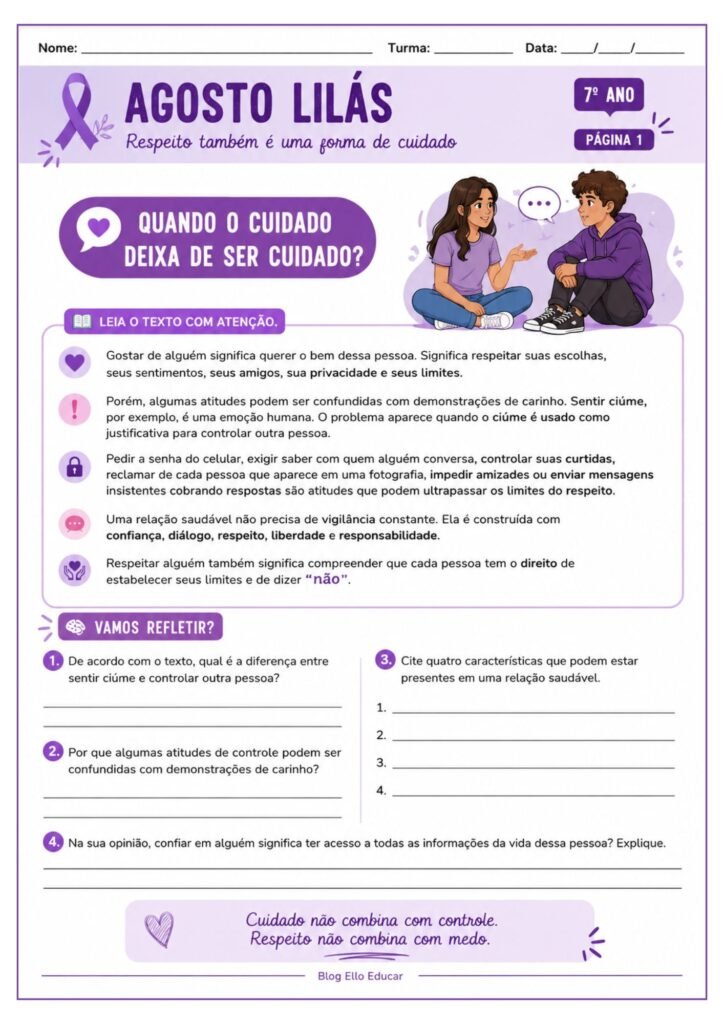 Atividades sobre o Agosto Lilás para 7° ano
