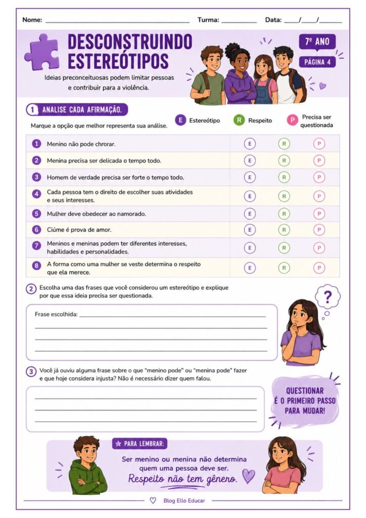 Atividades sobre o Agosto Lilás para 7° ano