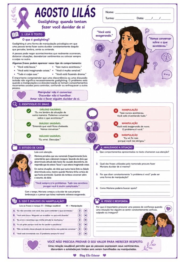 Atividades sobre o Agosto Lilás para 8° ano