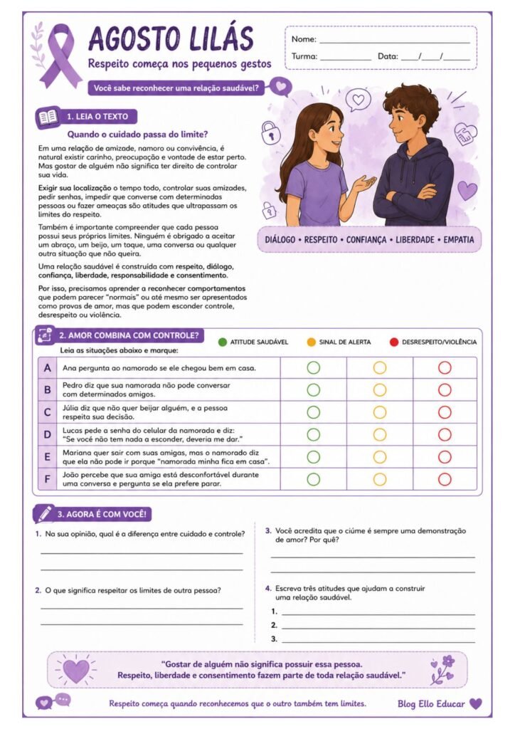 Atividades sobre o Agosto Lilás para 8° ano