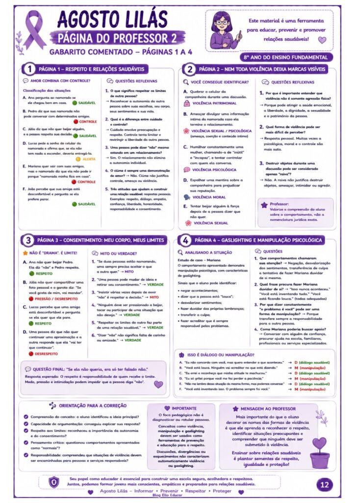 Atividades sobre o Agosto Lilás para 8° ano