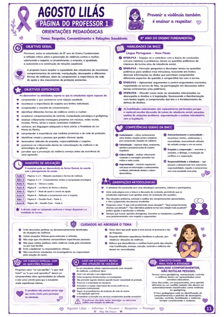 Atividades sobre o Agosto Lilás para 8° ano