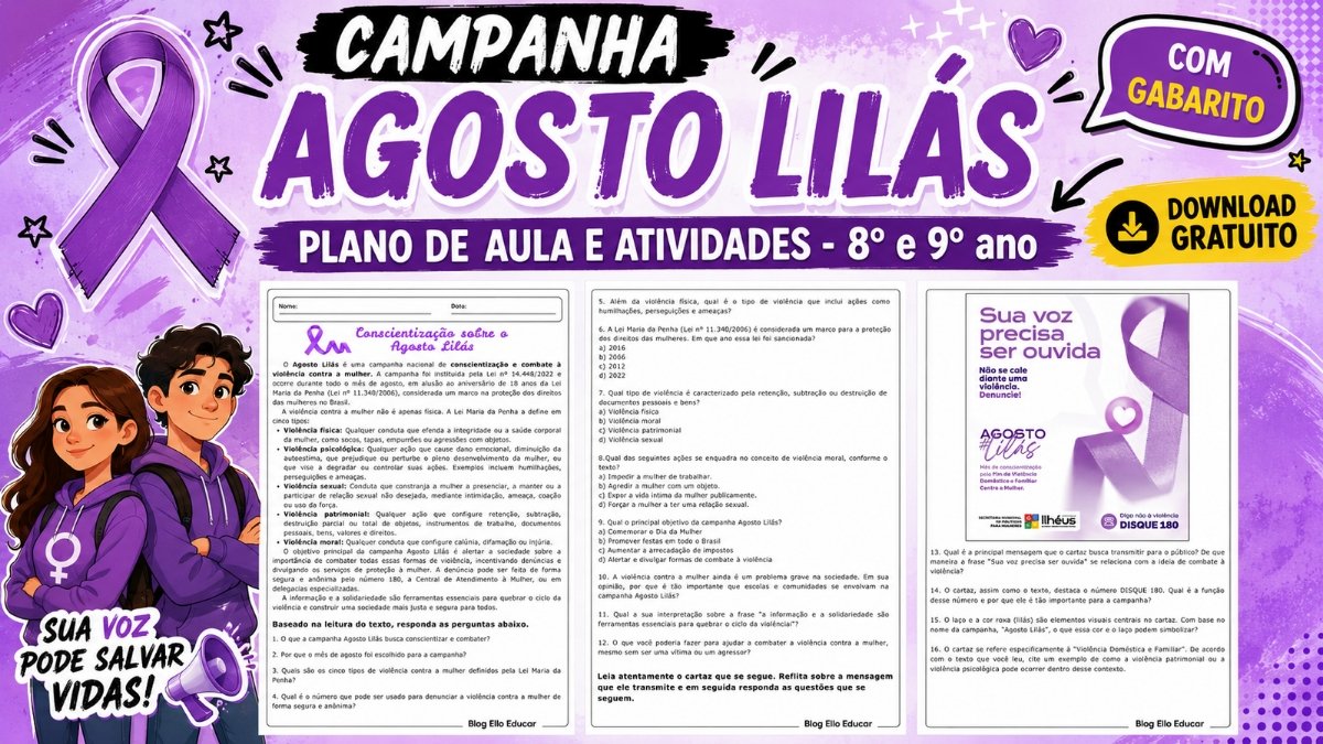 Atividades sobre o Agosto Lilás para 8° e 9° Ano: plano de aula e material em PDF