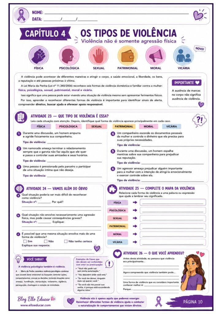 Atividades sobre o Agosto Lilás para 9° ano
