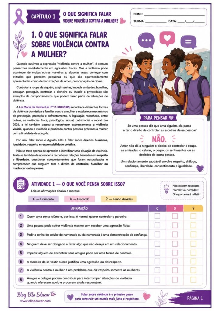 Atividades sobre o Agosto Lilás para 9° ano