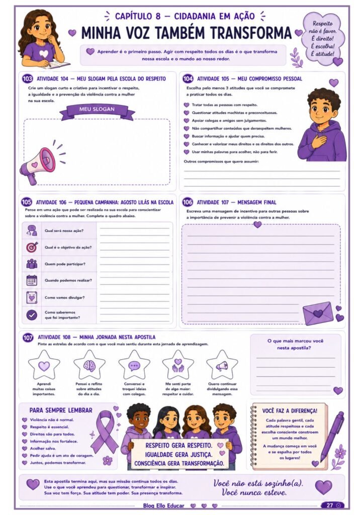 Atividades sobre o Agosto Lilás para 9° ano