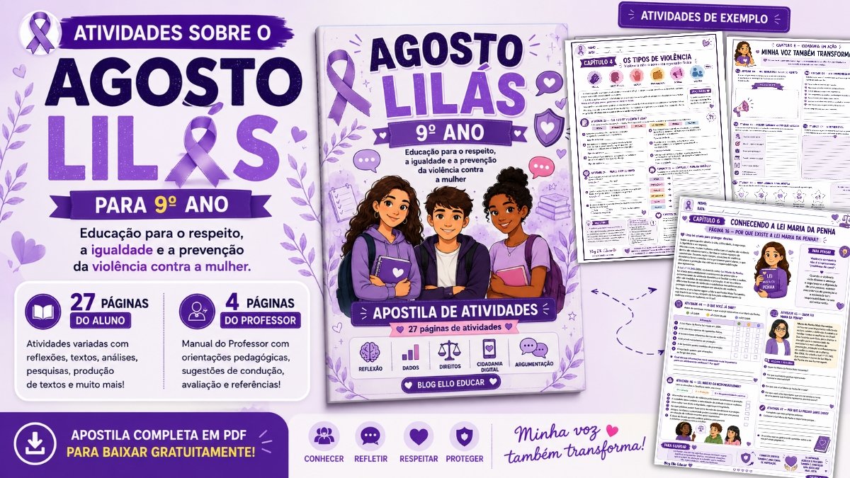 Atividades sobre o Agosto Lilás para 9º ano: apostila gratuita em PDF