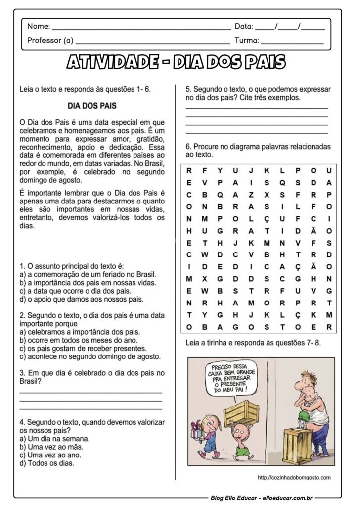 Atividades sobre o Dia das Pais 3° e 4° ano